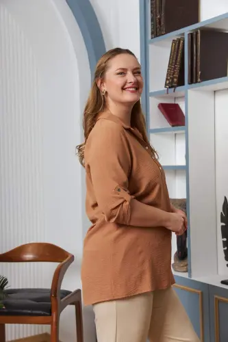 Sleeve Detailed Plus Size Shirt Collar Blouse Camel - BÜYÜKBEDENIZ (1)