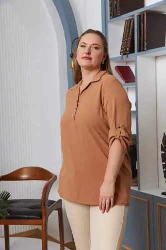 Sleeve Detailed Plus Size Shirt Collar Blouse Camel - 3