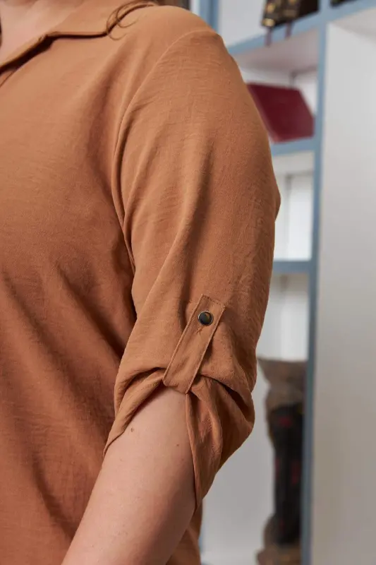 Sleeve Detailed Plus Size Shirt Collar Blouse Camel - 5