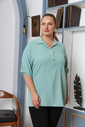 Sleeve Detailed Plus Size Shirt Collar Blouse Sea Green - 1