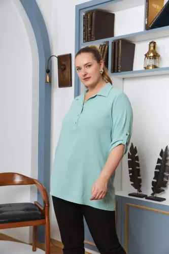 Sleeve Detailed Plus Size Shirt Collar Blouse Sea Green - BÜYÜKBEDENIZ (1)