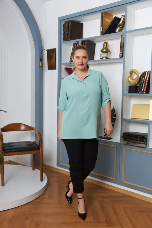Sleeve Detailed Plus Size Shirt Collar Blouse Sea Green - 4