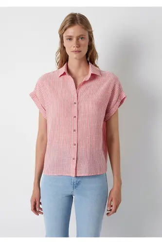 Sleeve Detailed Striped Shirt Loose Fit / Baggy Comfortable Cut 1210445-90719 - Red - 3
