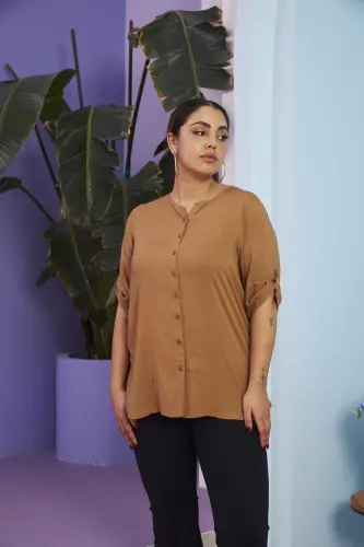 Sleeve Detailed Voile Viscose Plus Size Camel Shirt - 1