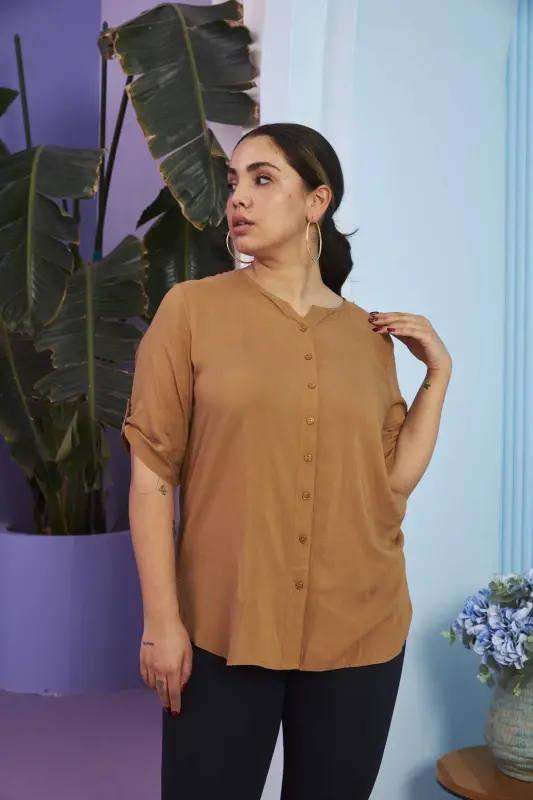 Sleeve Detailed Voile Viscose Plus Size Camel Shirt - 3