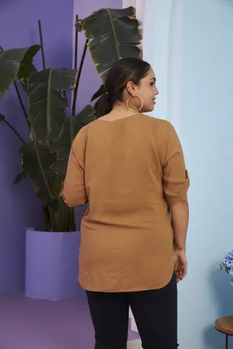 Sleeve Detailed Voile Viscose Plus Size Camel Shirt - 4