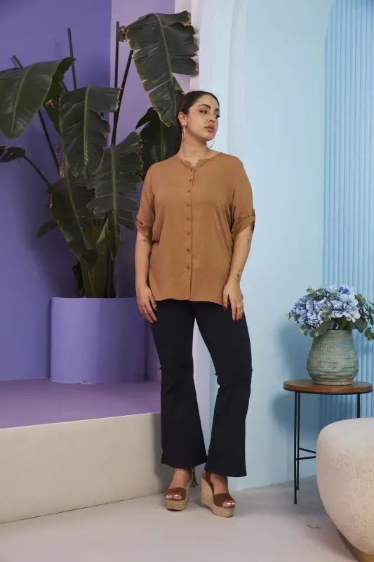 Sleeve Detailed Voile Viscose Plus Size Camel Shirt - 5