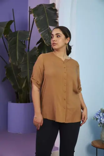 Sleeve Detailed Voile Viscose Plus Size Camel Shirt - BÜYÜKBEDENIZ (1)