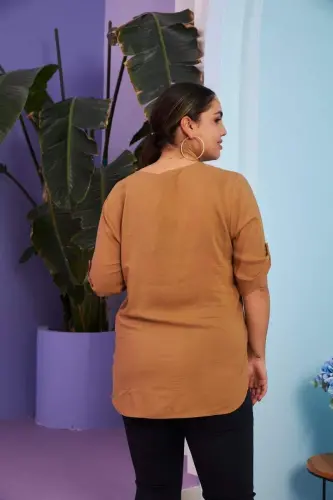 Sleeve Detailed Voile Viscose Plus Size Camel Shirt - 4