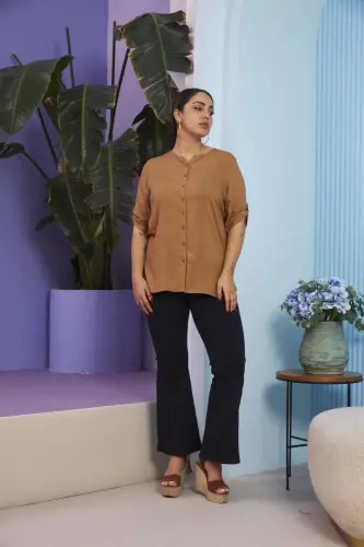 Sleeve Detailed Voile Viscose Plus Size Camel Shirt - 5