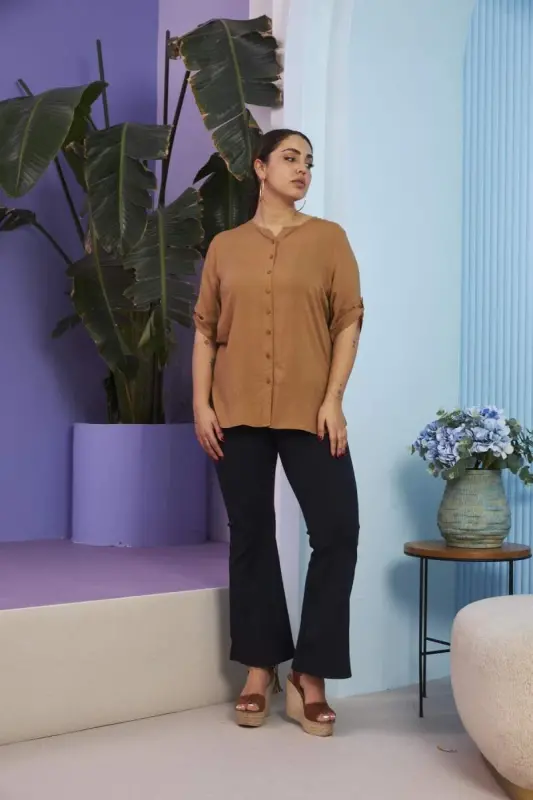 Sleeve Detailed Voile Viscose Plus Size Camel Shirt - 5