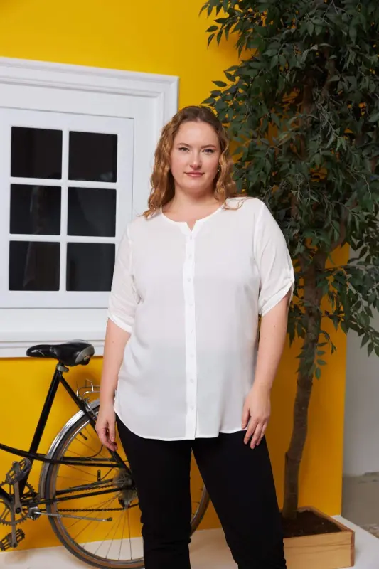 Sleeve Detailed Voile Viscose Plus Size Ecru Shirt - BÜYÜKBEDENIZ