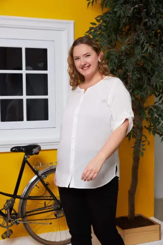 Sleeve Detailed Voile Viscose Plus Size Ecru Shirt - BÜYÜKBEDENIZ (1)