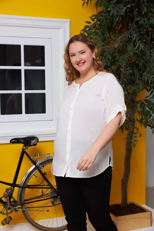 Sleeve Detailed Voile Viscose Plus Size Ecru Shirt - 2