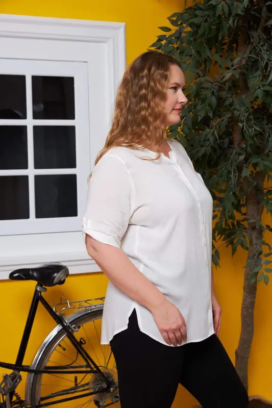 Sleeve Detailed Voile Viscose Plus Size Ecru Shirt - 3