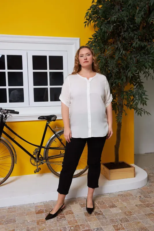 Sleeve Detailed Voile Viscose Plus Size Ecru Shirt - 5