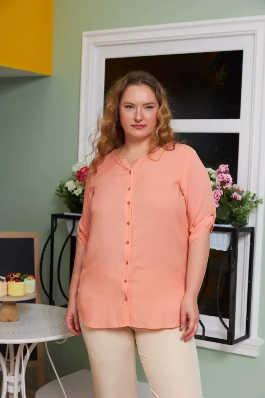 Sleeve Detailed Voile Viscose Plus Size Powder Shirt - BÜYÜKBEDENIZ