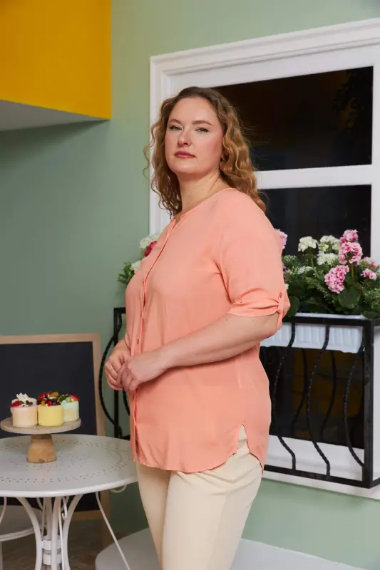 Sleeve Detailed Voile Viscose Plus Size Powder Shirt - 2