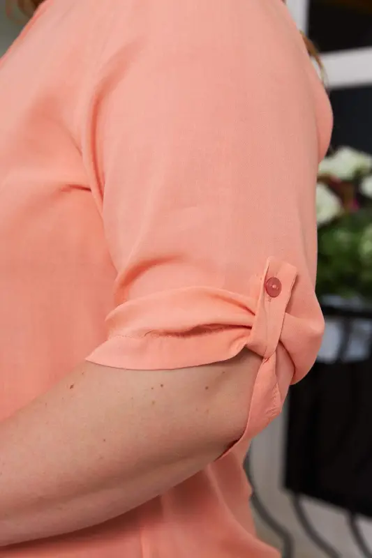 Sleeve Detailed Voile Viscose Plus Size Powder Shirt - 3