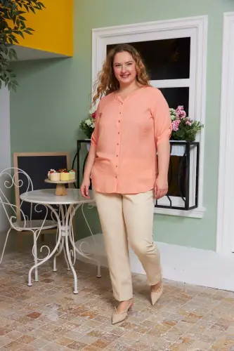 Sleeve Detailed Voile Viscose Plus Size Powder Shirt - 5