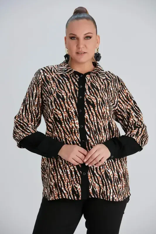 Sleeve Detailed Zebra Print Plus Size Black Shirt - BÜYÜKBEDENIZ