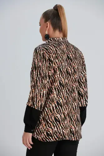 Sleeve Detailed Zebra Print Plus Size Black Shirt - 4