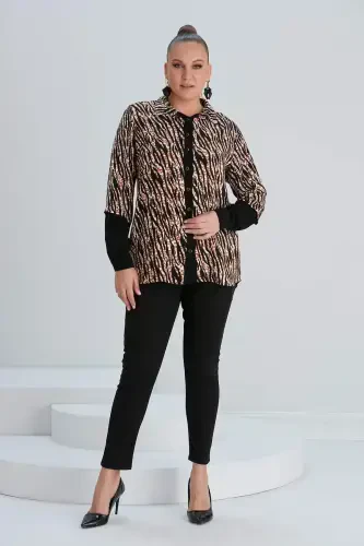 Sleeve Detailed Zebra Print Plus Size Black Shirt - 5