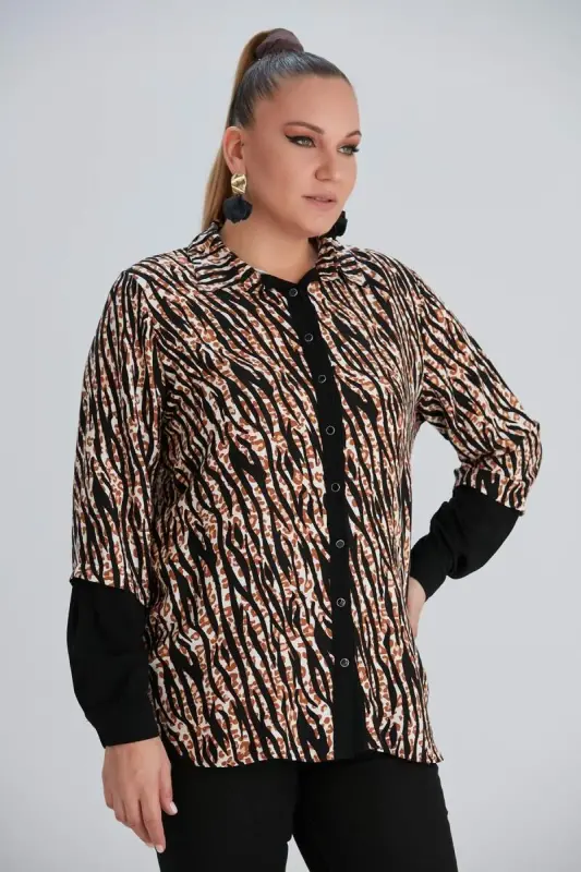 Sleeve Detailed Zebra Print Plus Size Black Shirt - 2