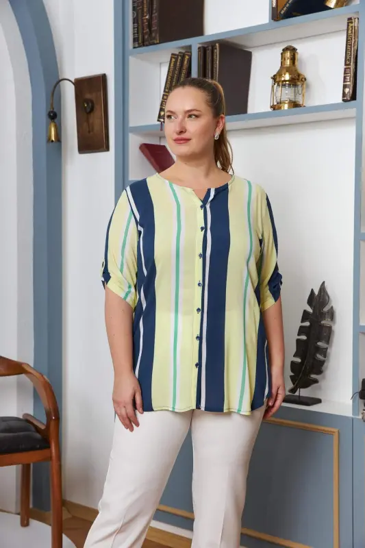 Sleeve Epaulette Detailed Plus Size Viscose Blouse Yellow - BÜYÜKBEDENIZ