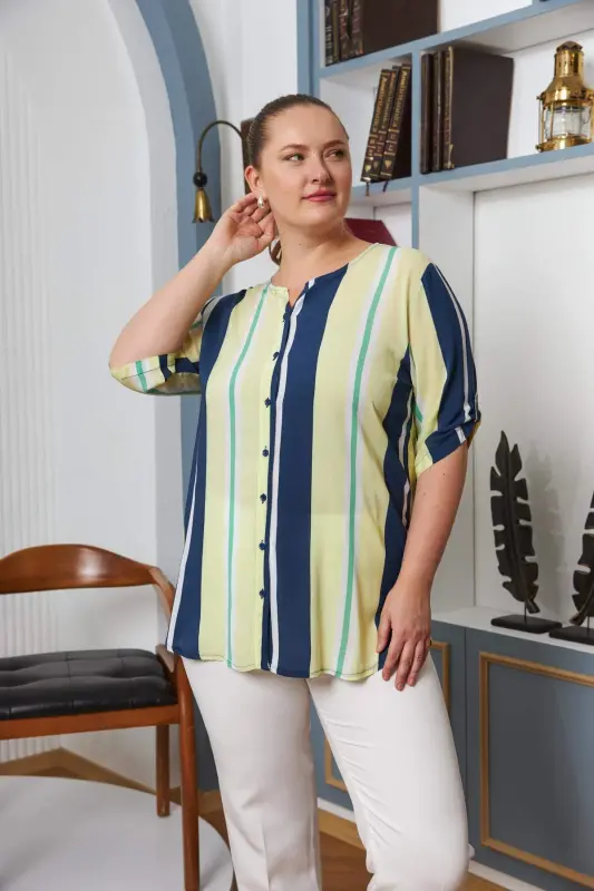 Sleeve Epaulette Detailed Plus Size Viscose Blouse Yellow - 2