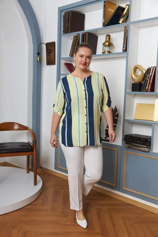 Sleeve Epaulette Detailed Plus Size Viscose Blouse Yellow - 5