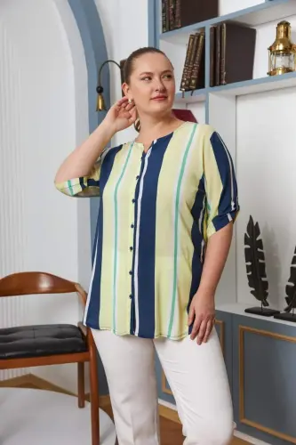 Sleeve Epaulette Detailed Plus Size Viscose Blouse Yellow - BÜYÜKBEDENIZ (1)