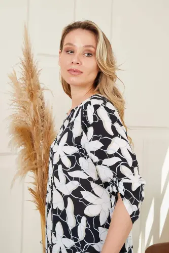 Sleeve Epaulette Detailed Voile Viscose Plus Size Patterned Black Blouse - 6