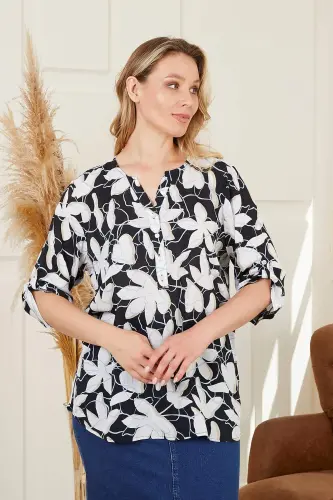 Sleeve Epaulette Detailed Voile Viscose Plus Size Patterned Black Blouse - 1