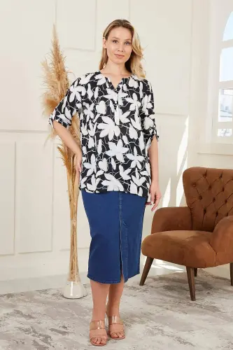 Sleeve Epaulette Detailed Voile Viscose Plus Size Patterned Black Blouse - 8