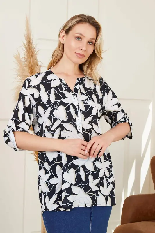 Sleeve Epaulette Detailed Voile Viscose Plus Size Patterned Black Blouse - 4