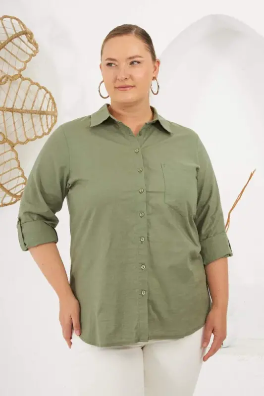 Sleeve Epaulette Plus Size Shirt Khaki - BÜYÜKBEDENIZ