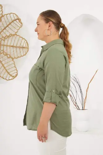 Sleeve Epaulette Plus Size Shirt Khaki - BÜYÜKBEDENIZ (1)
