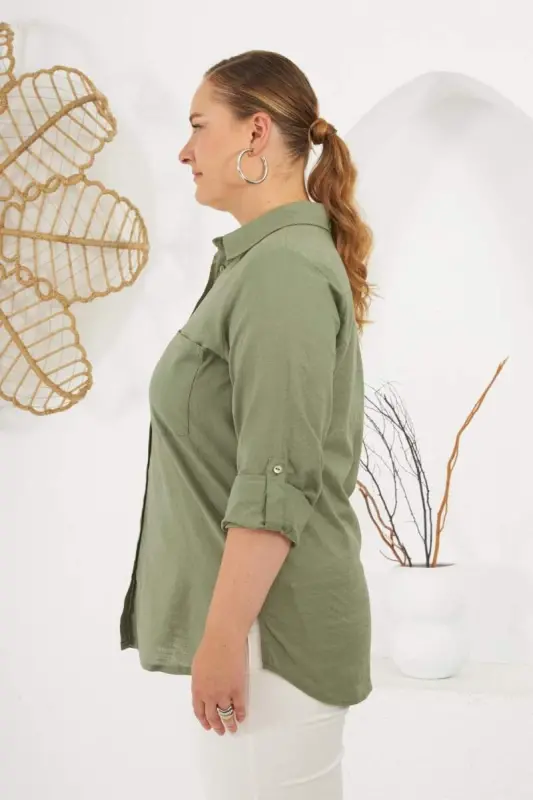 Sleeve Epaulette Plus Size Shirt Khaki - 2