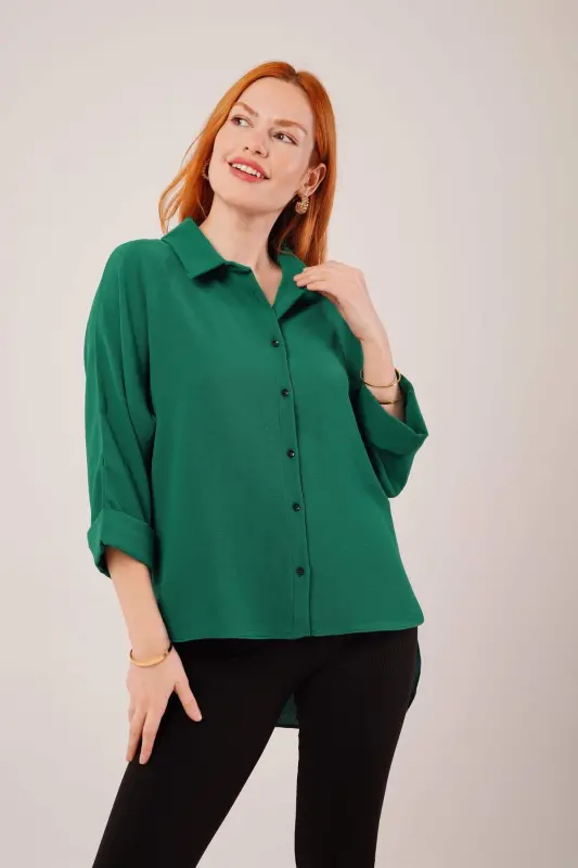 Sleeve Folding Detailed Emerald Green Shirt - 3