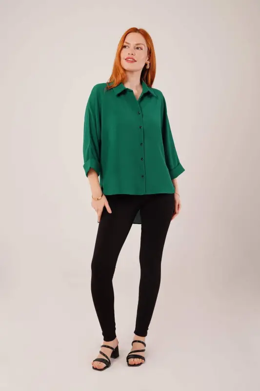 Sleeve Folding Detailed Emerald Green Shirt - 4