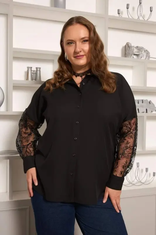 Sleeve Lace Detailed Plus Size Shirt Black - 1