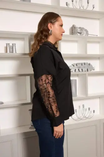 Sleeve Lace Detailed Plus Size Shirt Black - 3