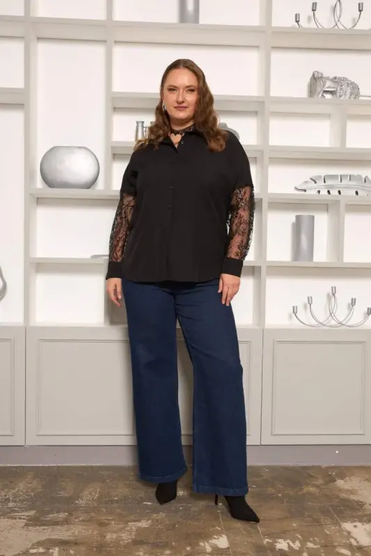 Sleeve Lace Detailed Plus Size Shirt Black - 5