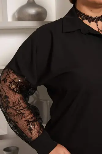 Sleeve Lace Detailed Plus Size Shirt Black - BÜYÜKBEDENIZ (1)