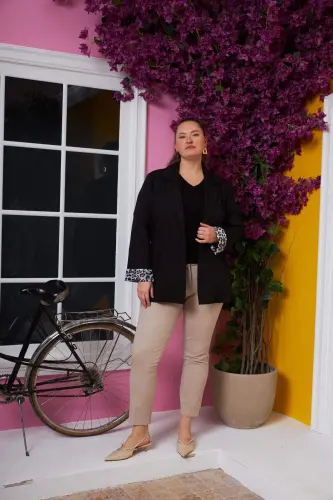 Sleeve Leopard Patterned Lined Plus Size Jacket Black - 7