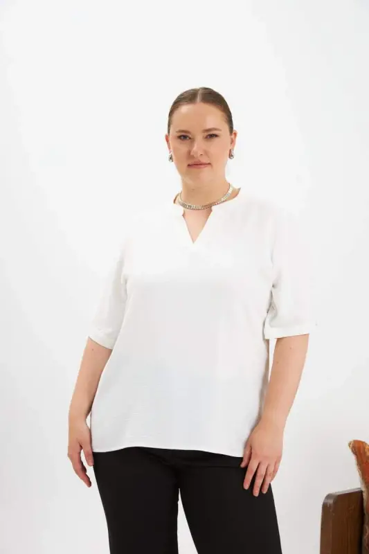 Sleeve Slit Detail Plus Size Blouse Ecru - 1
