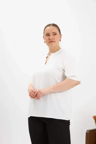 Sleeve Slit Detail Plus Size Blouse Ecru - 3