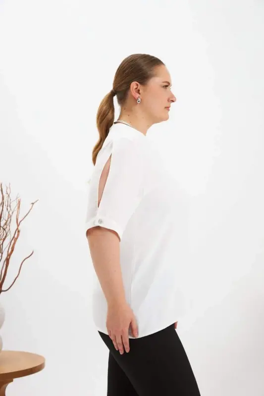Sleeve Slit Detail Plus Size Blouse Ecru - 4
