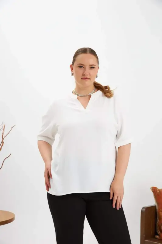 Sleeve Slit Detail Plus Size Blouse Ecru - 5